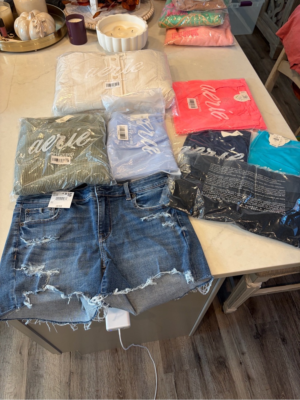 Aerie coat, sweatshirt, leggings, jean shorts, athletic shorts, tee shirt